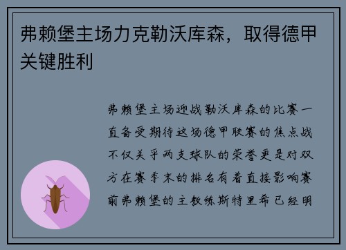 弗赖堡主场力克勒沃库森，取得德甲关键胜利